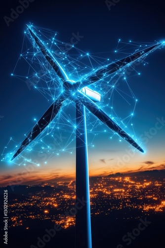Wind energy growth milestones visualized in glowing overlays.