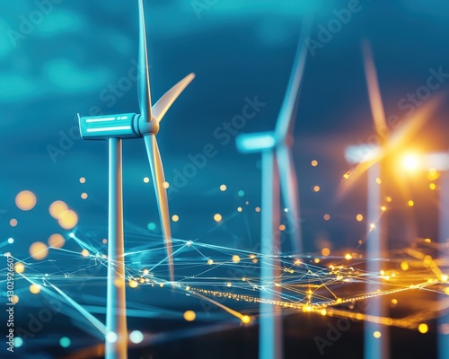 Wind turbine innovations tracked with glowing data.