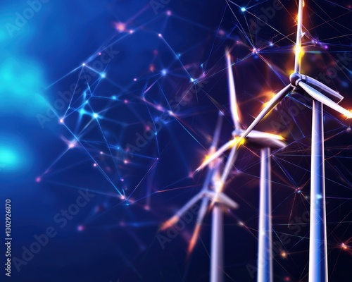 Wind turbine innovations tracked with glowing data.