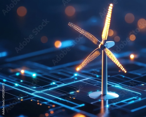 Wind turbine innovations tracked with glowing data.