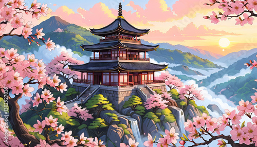 Traditional Japanese pagoda with sakura trees at sunset