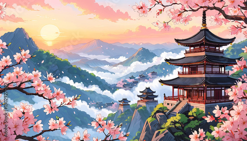 Scenic Japanese pagoda with sakura trees at sunset in the mountains