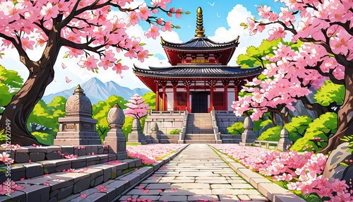 Traditional Japanese pagoda with sakura trees in full bloom