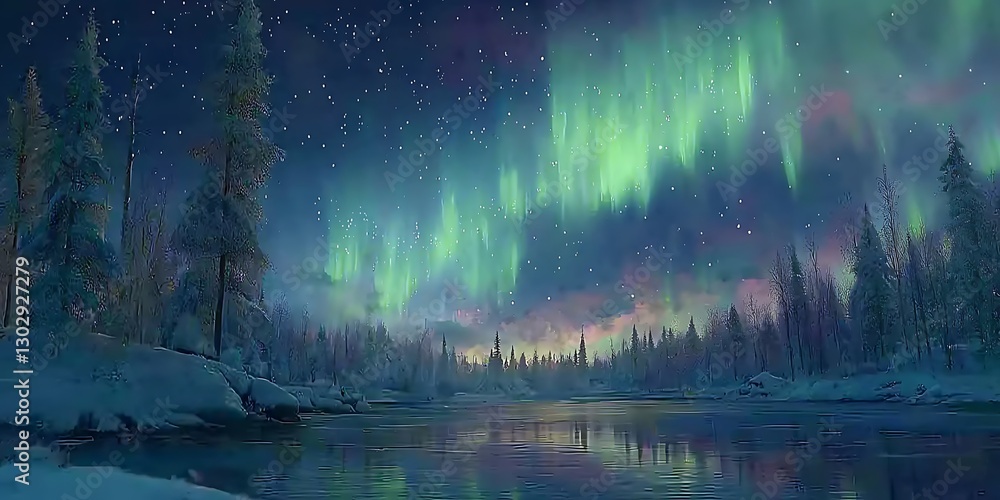 Enchanting Aurora Borealis Display Over a Tranquil Winter Landscape at Night Enchanting Aurora Borealis Display Over a Tranquil Winter Landscape at Night
