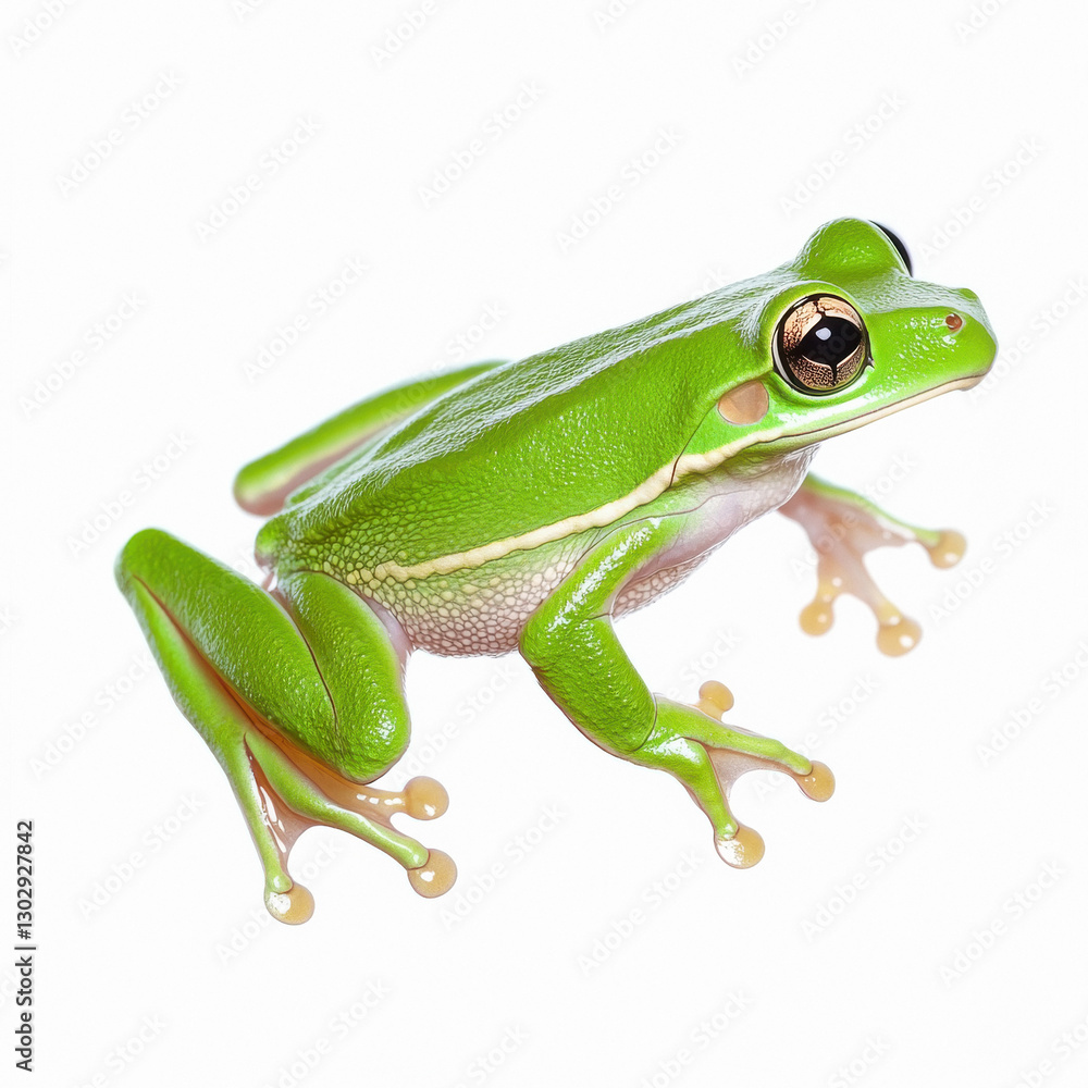 Obraz premium Green tree frog jumping on a white background