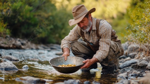 A prospector panning for gold in a river