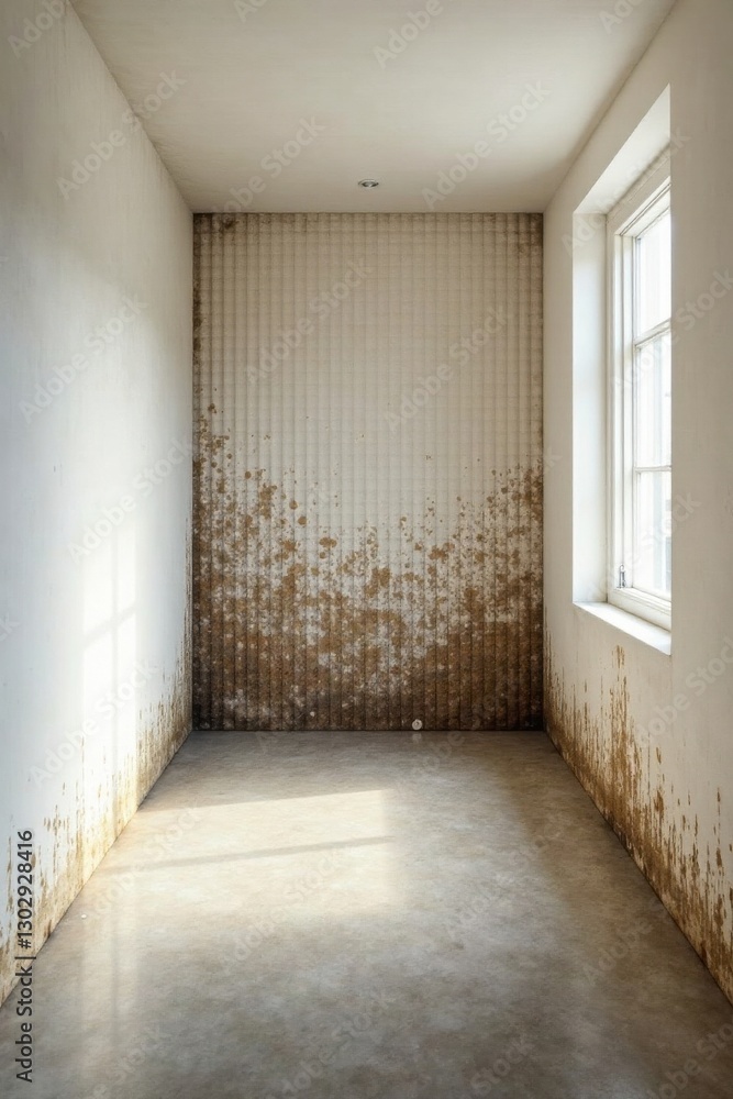 Fototapeta premium A small room with water damage on the walls and floor, showing signs of neglect and deterioration