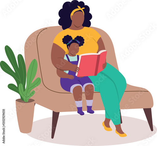 Plus Size Black Mother And Little Daughter Sitting On Couch While Reading Book Together At Home.