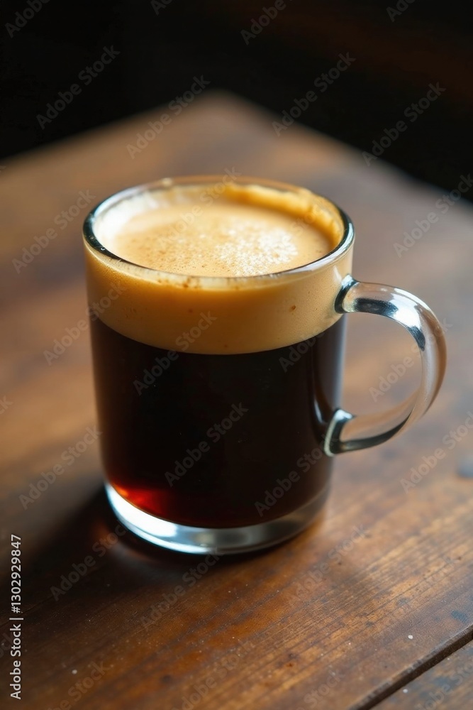 Aromatic Dark Roast Coffee in a Clear Glass Mug on Wooden Table Aromatic Dark Roast Coffee in a Clear Glass Mug on Wooden Table
