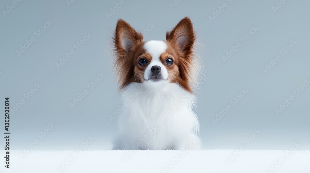 A charming Papillon dog with fluffy white and brown fur sitting gracefully on a snowy surface A charming Papillon dog with fluffy white and brown fur sitting gracefully on a snowy surface
