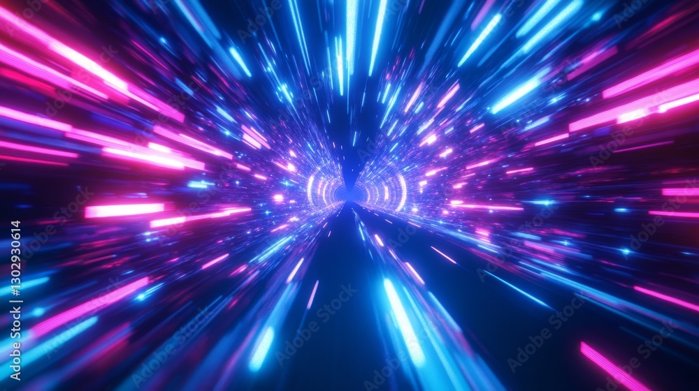 Naklejka premium Abstract flight in retro neon hyper warp space in the tunnel 3d illustration. Abstract blue background with neon rays, flashes of light, faces, and lines
