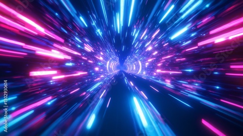 Fototapeta Naklejka Na Ścianę i Meble -  Abstract flight in retro neon hyper warp space in the tunnel 3d illustration. Abstract blue background with neon rays, flashes of light, faces, and lines