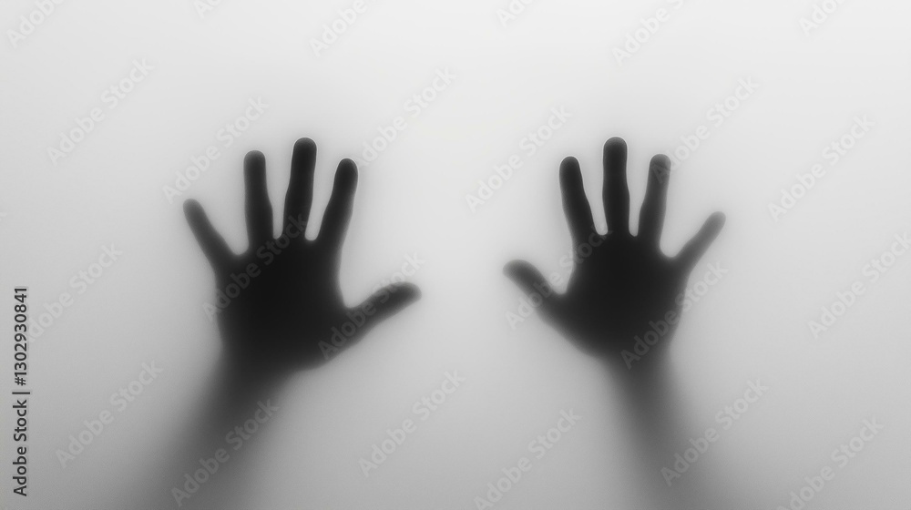 Shadowy hands pressing against a frosted glass surface creating an eerie and mysterious atmosphere Shadowy hands pressing against a frosted glass surface creating an eerie and mysterious atmosphere