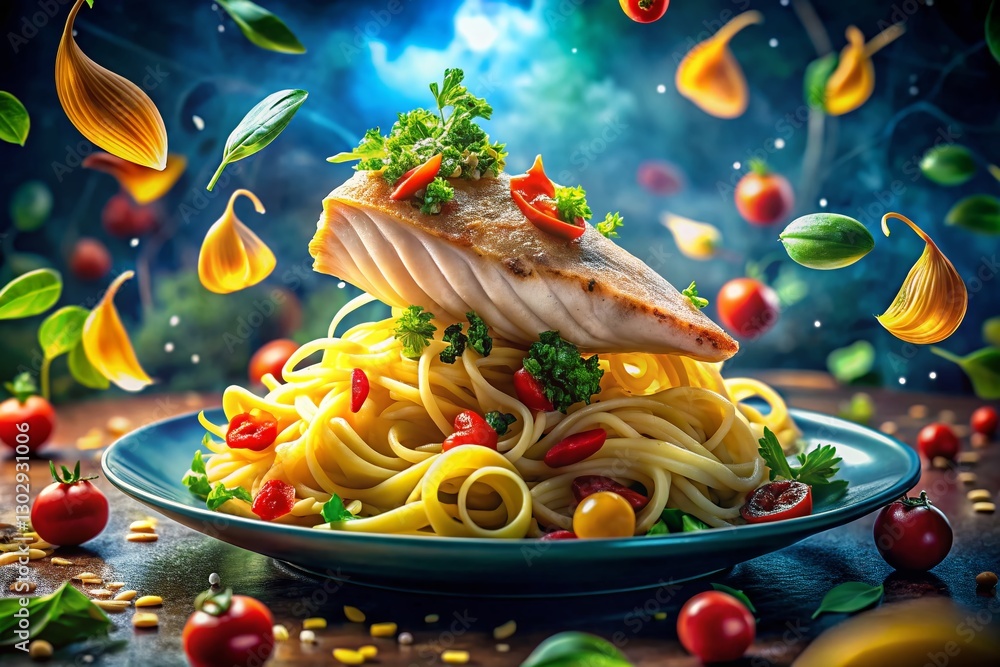 Surreal Floating Pasta with Fresh Grouper: Culinary Dreamscape Surreal Floating Pasta with Fresh Grouper: Culinary Dreamscape