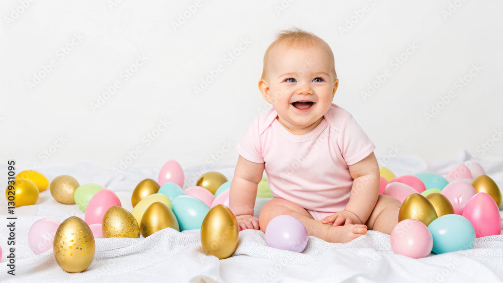 Easter egg baby. Happy baby surrounded by colorful Easter eggs on a light background. Easter egg baby. Happy baby surrounded by colorful Easter eggs on a light background.