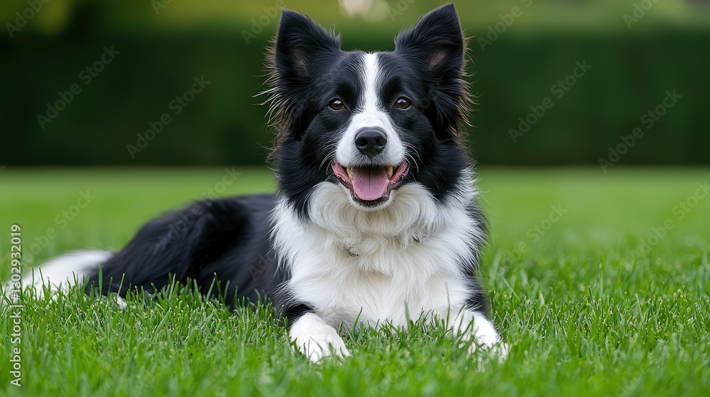 Happy Border Collie Dog Lying In Green Grass Happy Border Collie Dog Lying In Green Grass