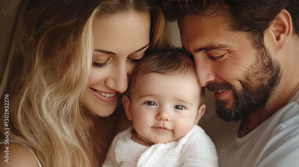 A Portrait of Unconditional Love: A tender moment captures the heart of a family, a radiant mother and father gazing with adoration at their precious infant child. A Portrait of Unconditional Love: A tender moment captures the heart of a family, a radiant mother and father gazing with adoration at their precious infant child.