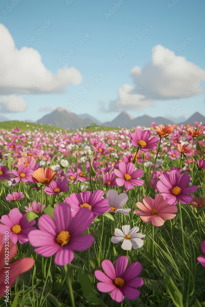 Obraz premium A vibrant field of colorful flowers stretches towards distant mountains under a clear blue sky, creating a peaceful and scenic landscape.