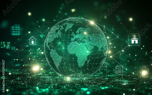 Wallpaper Mural A glowing green globe representing an interconnected digital network, with home, person, and chart icons illustrating global connections and information flow Torontodigital.ca