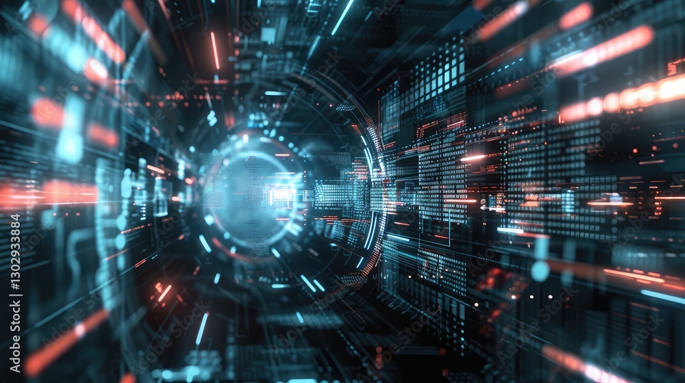 Futuristic Cyber Tunnel with Digital Elements and Neon Lights Futuristic Cyber Tunnel with Digital Elements and Neon Lights
