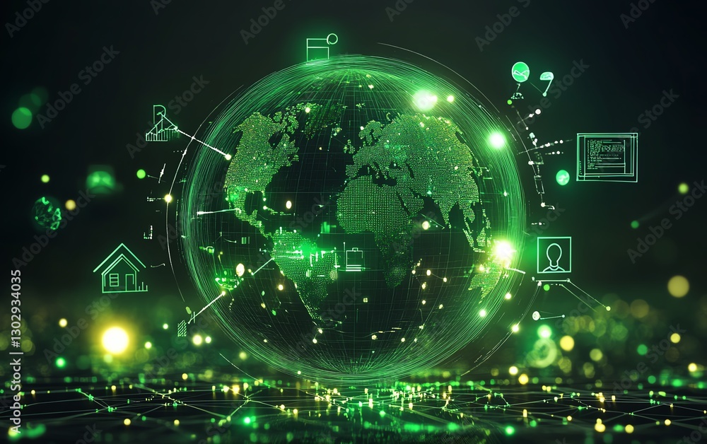 A glowing green globe representing an interconnected digital network, with home, person, and chart icons illustrating global connections and information flow A glowing green globe representing an interconnected digital network, with home, person, and chart icons illustrating global connections and information flow