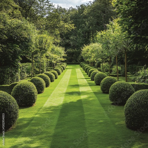 Tranquil Garden Path: A Symmetrical Landscape of Green Topiary, Grass, and Trees in Harmonious Alignment
