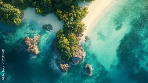 Fototapeta Naklejka Na Ścianę i Meble -  Aerial view of a secluded island surrounded by crystal-clear ocean, lush greenery, and a sandy beach,breathtaking landscape