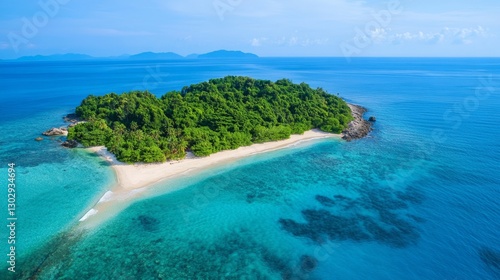 Fototapeta Naklejka Na Ścianę i Meble -  Aerial view of a secluded island surrounded by crystal-clear ocean, lush greenery, and a sandy beach,breathtaking landscape