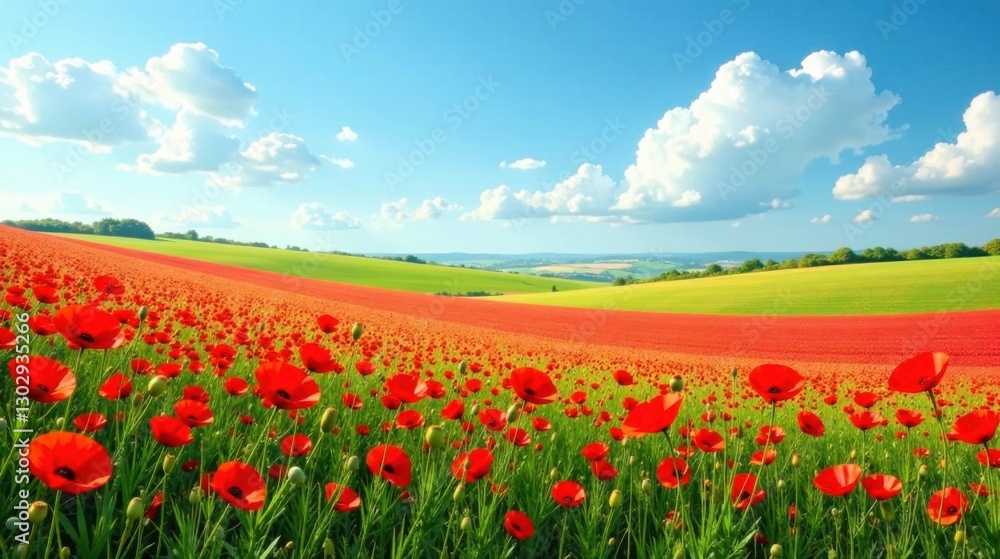 Vibrant red poppies bloom in a rolling landscape under a bright sunny sky with fluffy white clouds Vibrant red poppies bloom in a rolling landscape under a bright sunny sky with fluffy white clouds