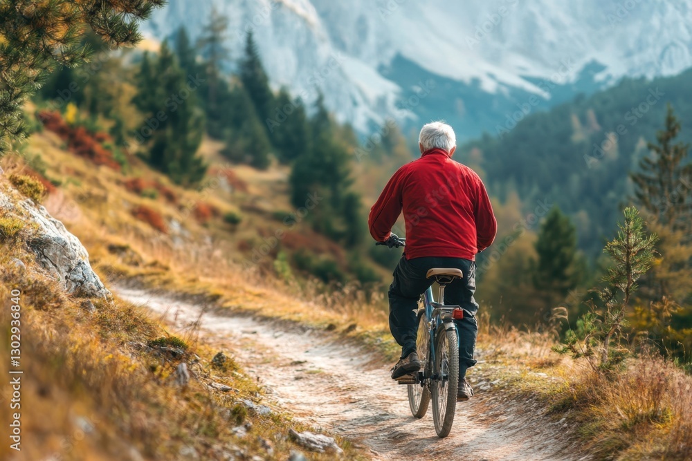 Senior cyclist exploring a mountain trail on bicycle, enjoying the natural beauty and challenging terrain. Senior cyclist exploring a mountain trail on bicycle, enjoying the natural beauty and challenging terrain.