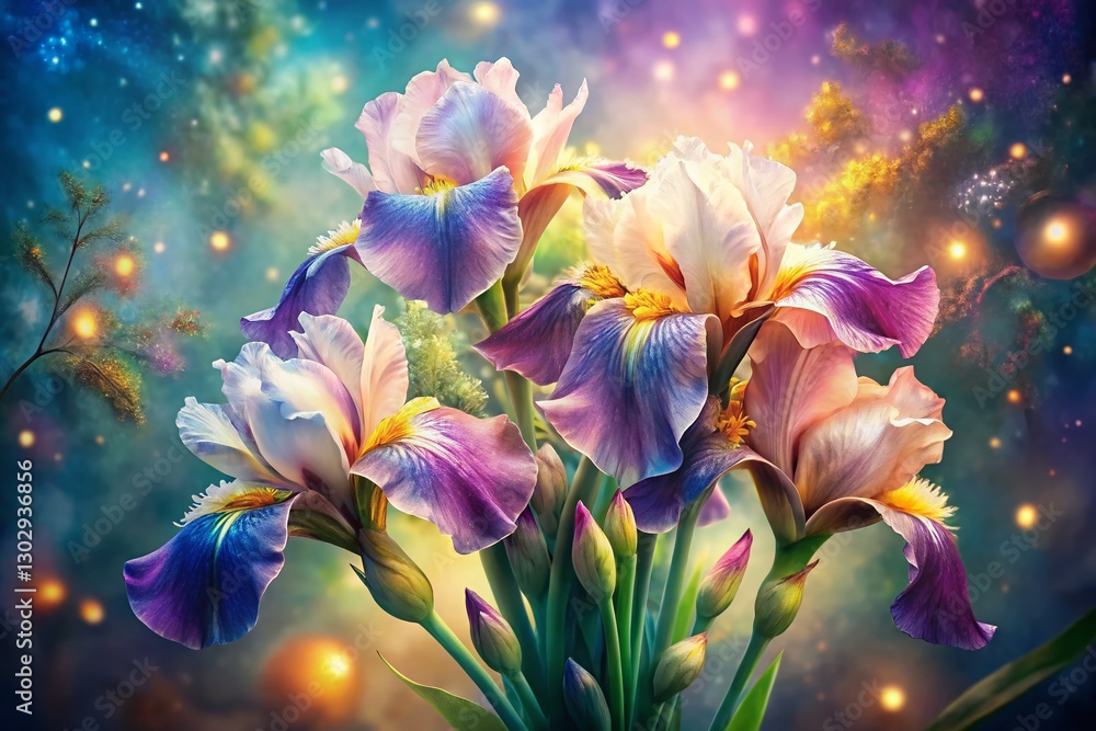 Surreal Watercolor Iris Bouquet: Ethereal Garden Art Design