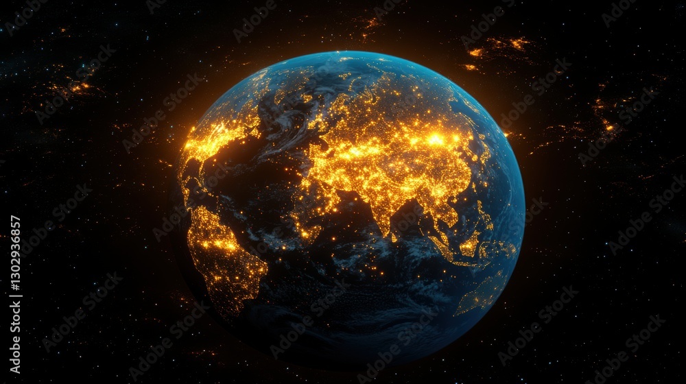 Fototapeta premium glowing representation of earth with interconnected points symbolizing global communication technology and digital relations highlights connectivity across continents