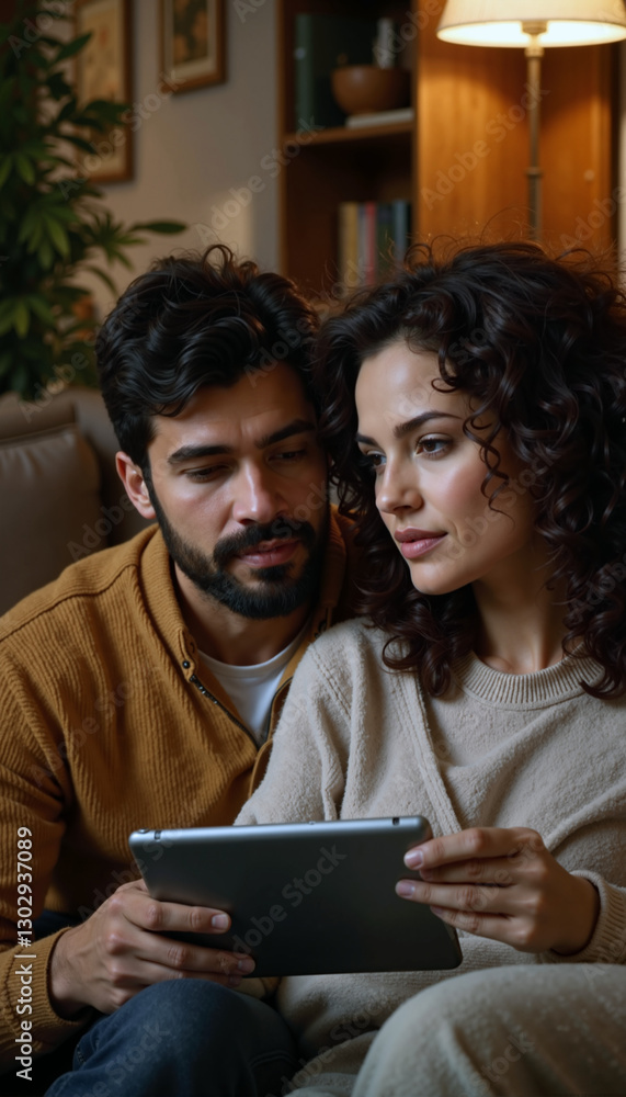 Couple reading news on a tablet in a cozy living room
Couple reading news on a tablet in a cozy living room