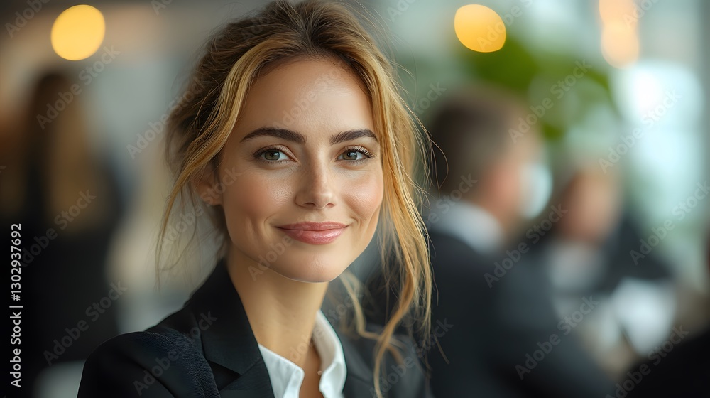 Fototapeta premium 3D charismatic businesswoman networking at a professional event, engaging with fellow executives