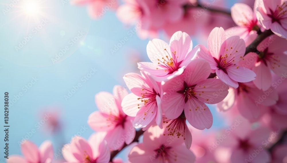 Obraz premium Pink cherry blossoms in full bloom, sunlit petals , flora, beautiful nature