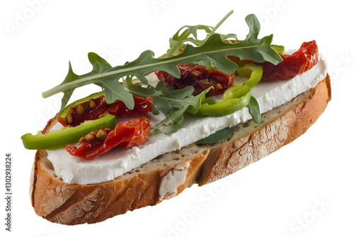  Toasted Bread with Goat Cheese, Sun-Dried Tomatoes, Arugula, and Green Peppers Isolated on Transparent Background PNG