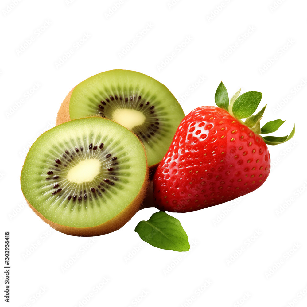 Green Kiwi Fruit and Strawberry Isolated on Transparent Background Green Kiwi Fruit and Strawberry Isolated on Transparent Background