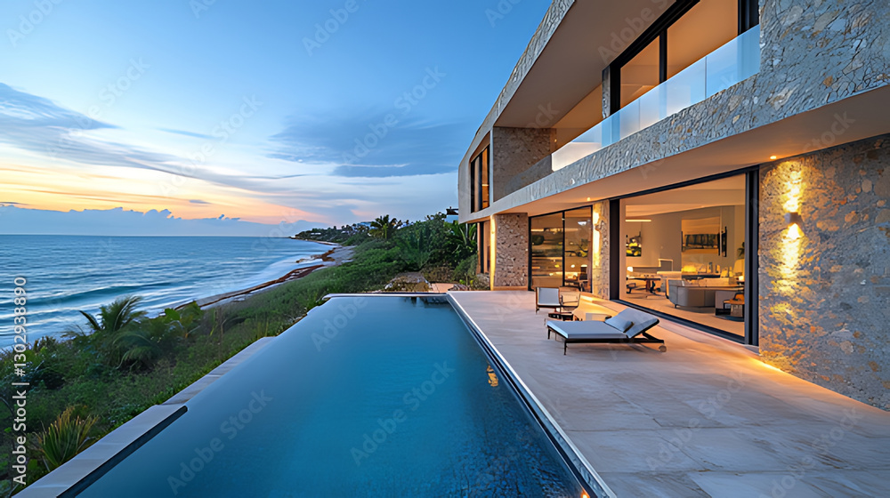 Fototapeta premium Oceanfront Luxury Villa Sunset Poolside Relaxation