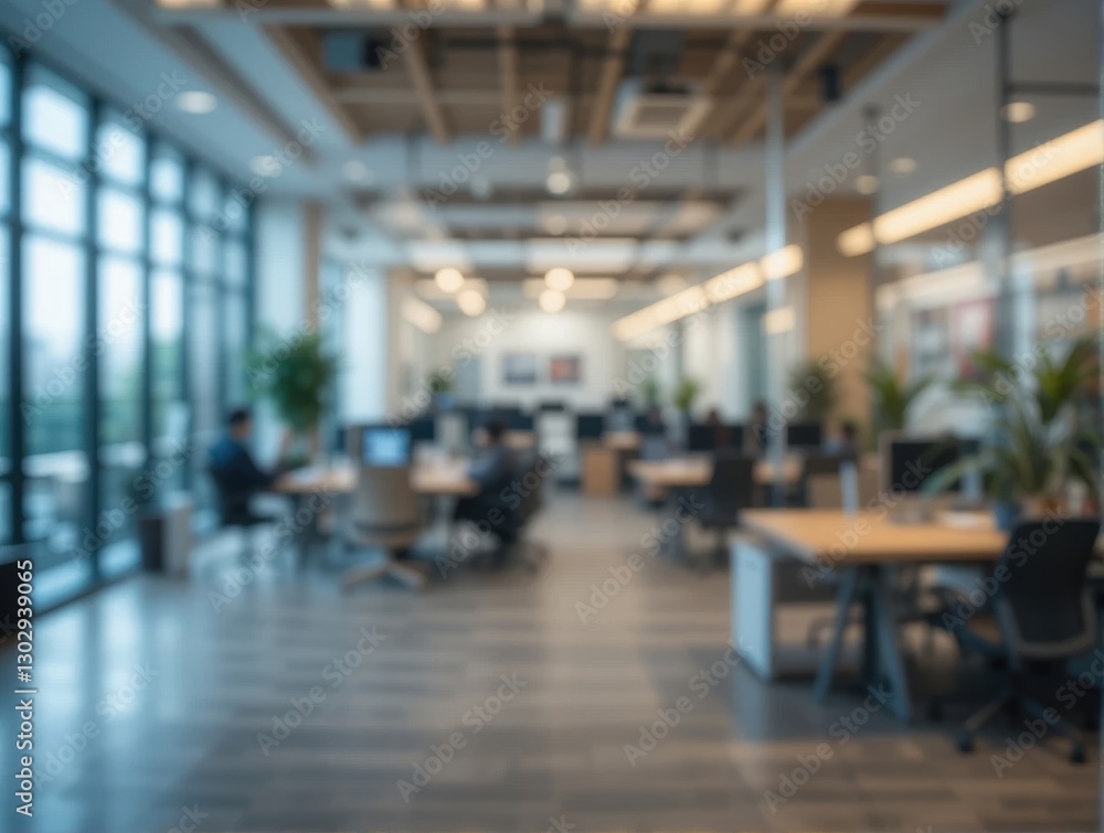 Modern Office Workspace Interior with Blurred Background and Natural Lighting in Urban Setting Modern Office Workspace Interior with Blurred Background and Natural Lighting in Urban Setting