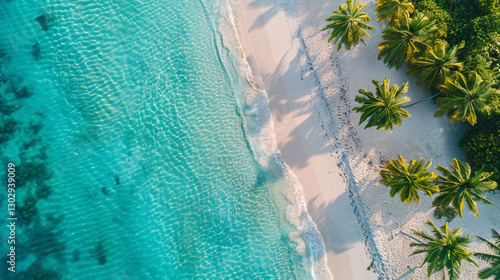 Aerial view of a stunning tropical beach with clear turquoise water and palm trees