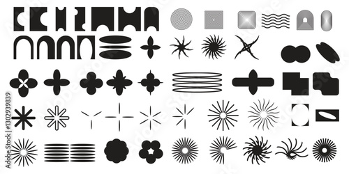 Brutalist Abstract Geometric shapes and grids, Brutal contemporary figure star oval spiral flower and other primitive elements. Bauhaus memphis design.