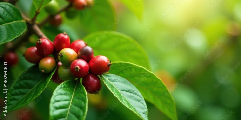 Vibrant Red Coffee Cherries on Lush Green Foliage in a Natural Setting Vibrant Red Coffee Cherries on Lush Green Foliage in a Natural Setting