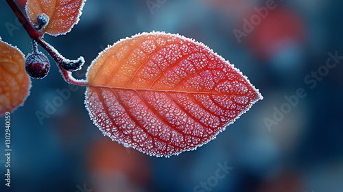 Frosty autumn leaf, close-up, blurred background, nature photography