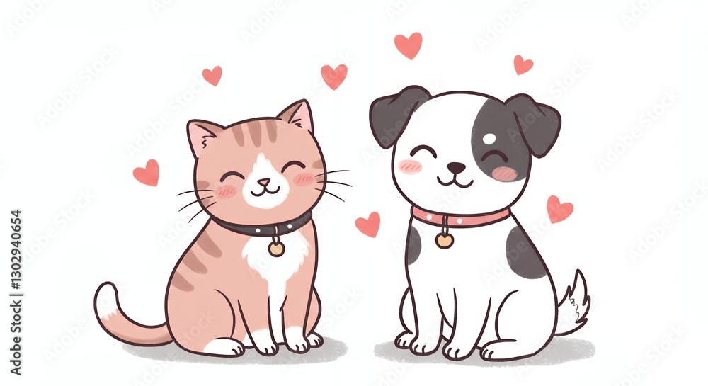 Fototapeta premium Cute Cartoon Cat and Dog Sitting Together with Hearts Illustration