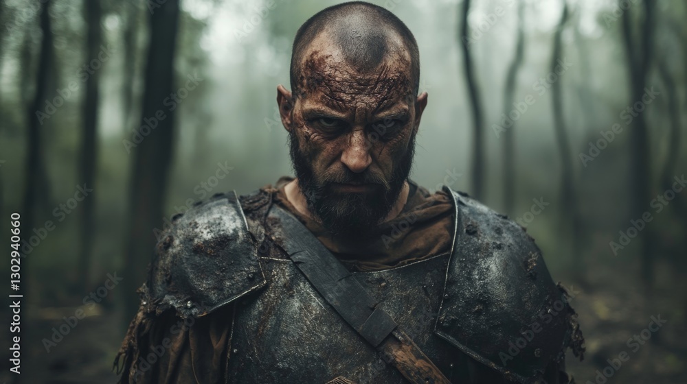 battle-scarred warrior standing in a foggy forest, wearing worn armor, serious expression, atmospheric scene battle-scarred warrior standing in a foggy forest, wearing worn armor, serious expression, atmospheric scene