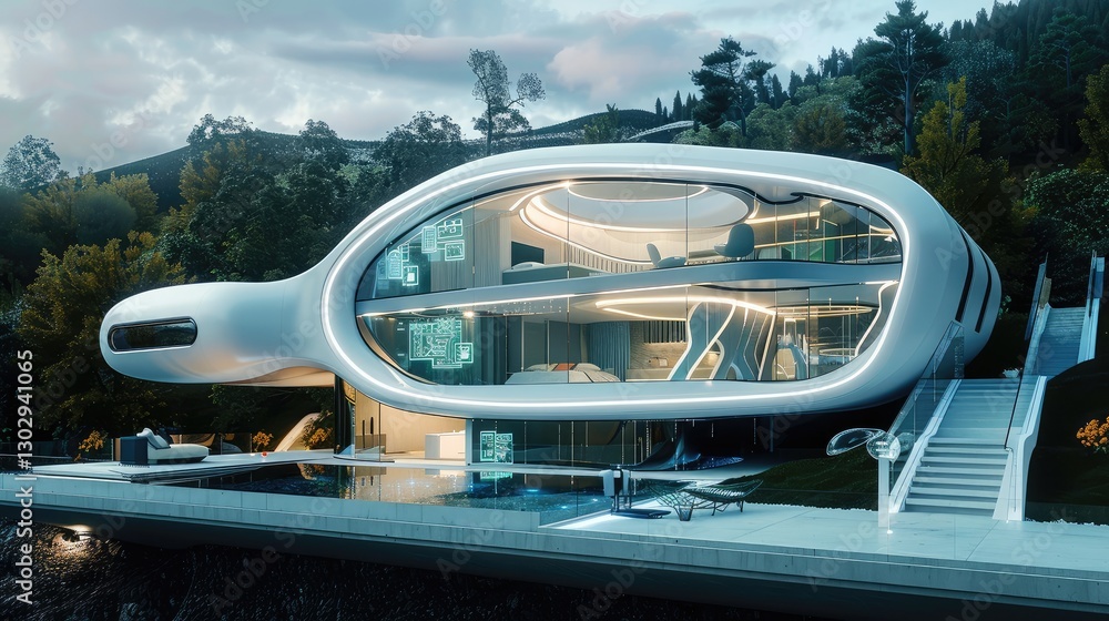 Obraz premium Modern Futuristic House in Serene Woodland Setting