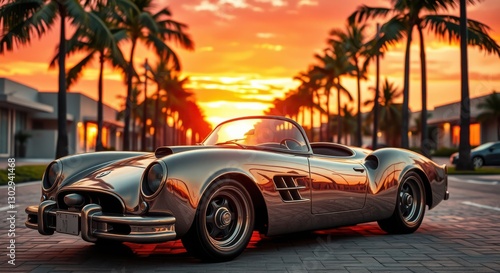 Silver vintage car parked in a tropical city street during a vibrant sunset or sunrise scenery.