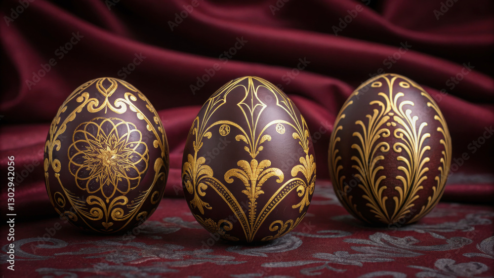 Easter eggs Decorative eggs with intricate gold designs on a rich background. Easter eggs Decorative eggs with intricate gold designs on a rich background.