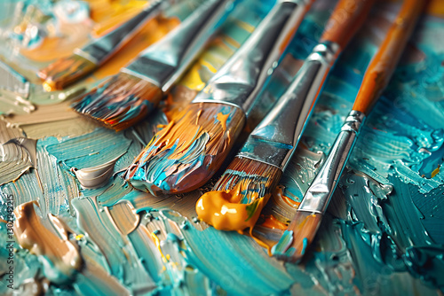 Artist's workspace with paintbrushes and colorful paint strokes