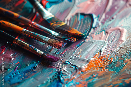 Creative close-up of paintbrushes dipped in vibrant acrylic paint